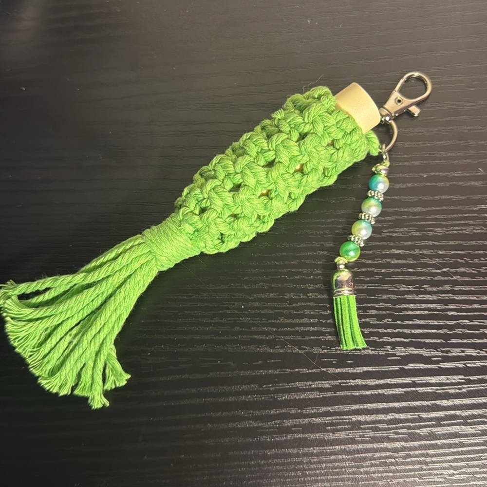 Green Lip Balm Keychain with Beaded Charm